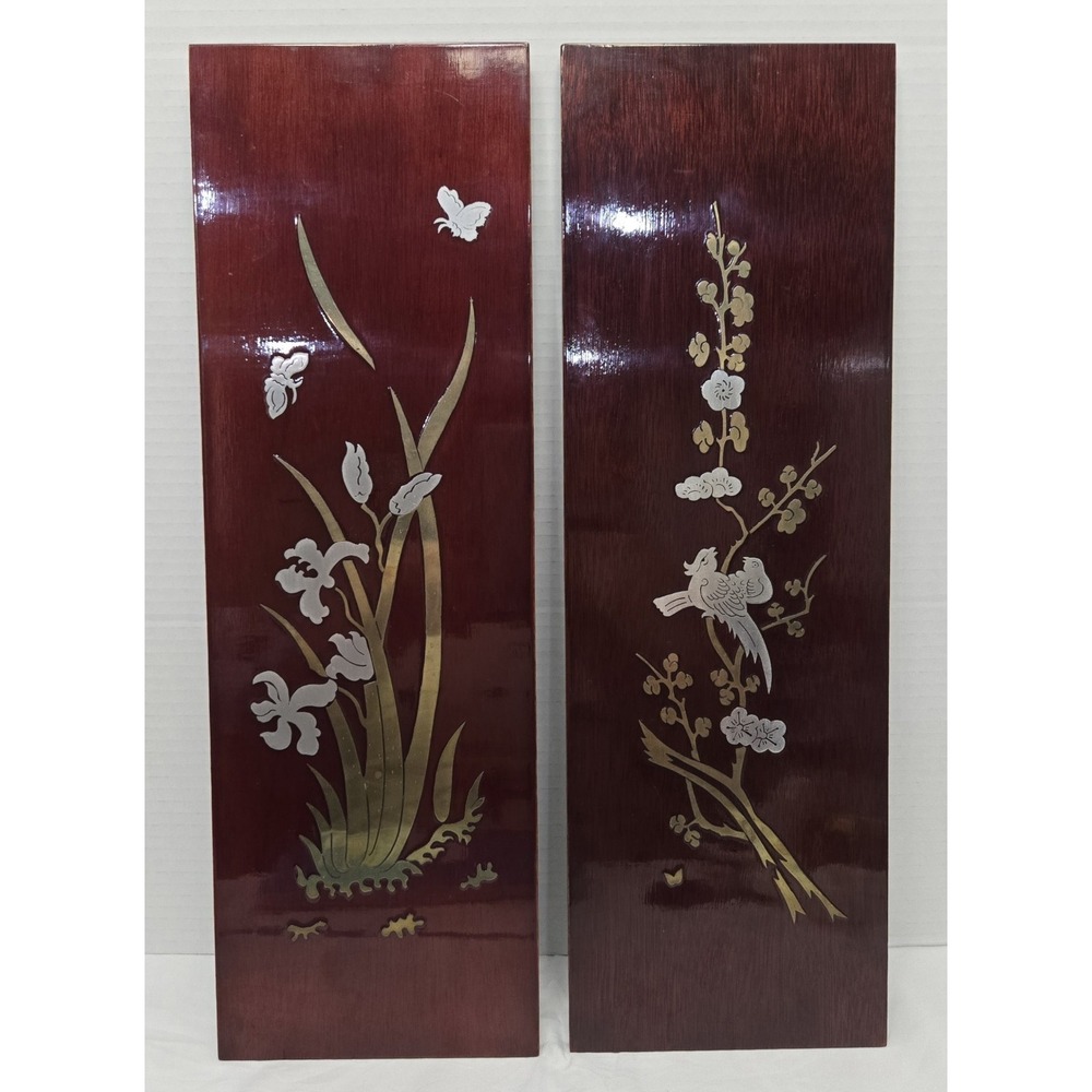Two Mid Century Korean Inlaid Silver & Brass Wall Hangings Varnish Wood Plaques